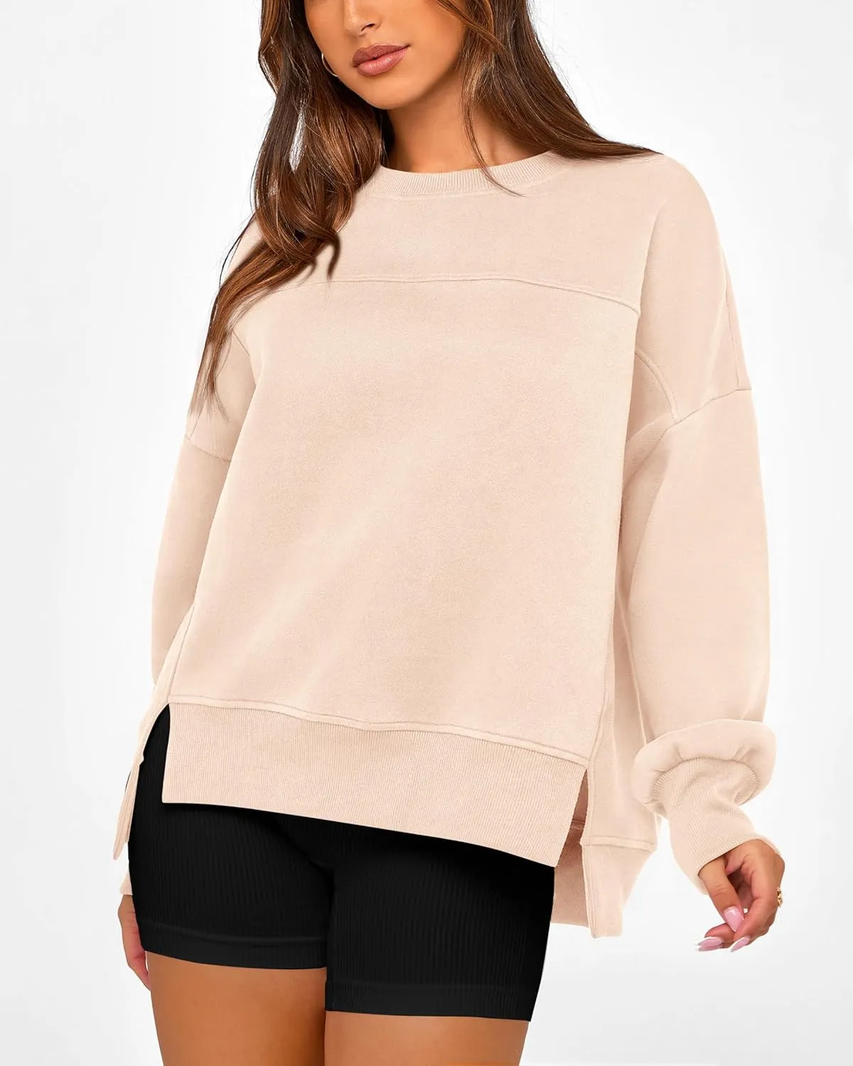 BTFBM Women's Casual Crewneck Sweatshirts 2025 Spring Fall Clothes Long Sleeve Side Slit Workout Fleece Pullover Tops