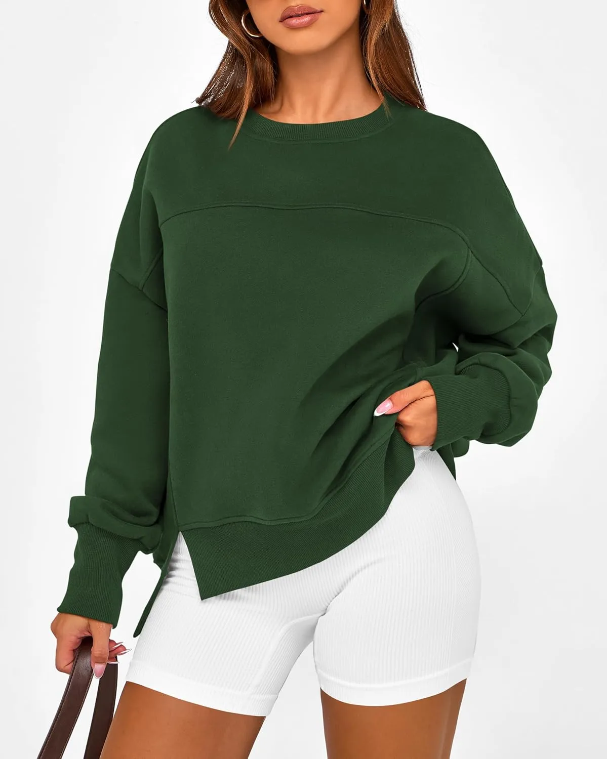 BTFBM Women's Casual Crewneck Sweatshirts 2025 Spring Fall Clothes Long Sleeve Side Slit Workout Fleece Pullover Tops