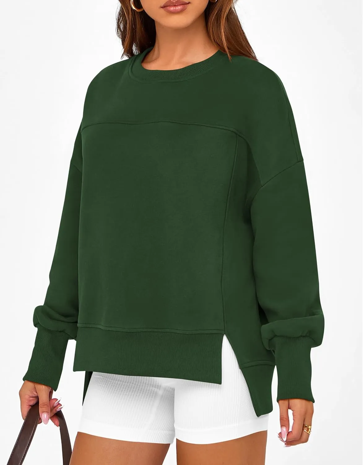 BTFBM Women's Casual Crewneck Sweatshirts 2025 Spring Fall Clothes Long Sleeve Side Slit Workout Fleece Pullover Tops