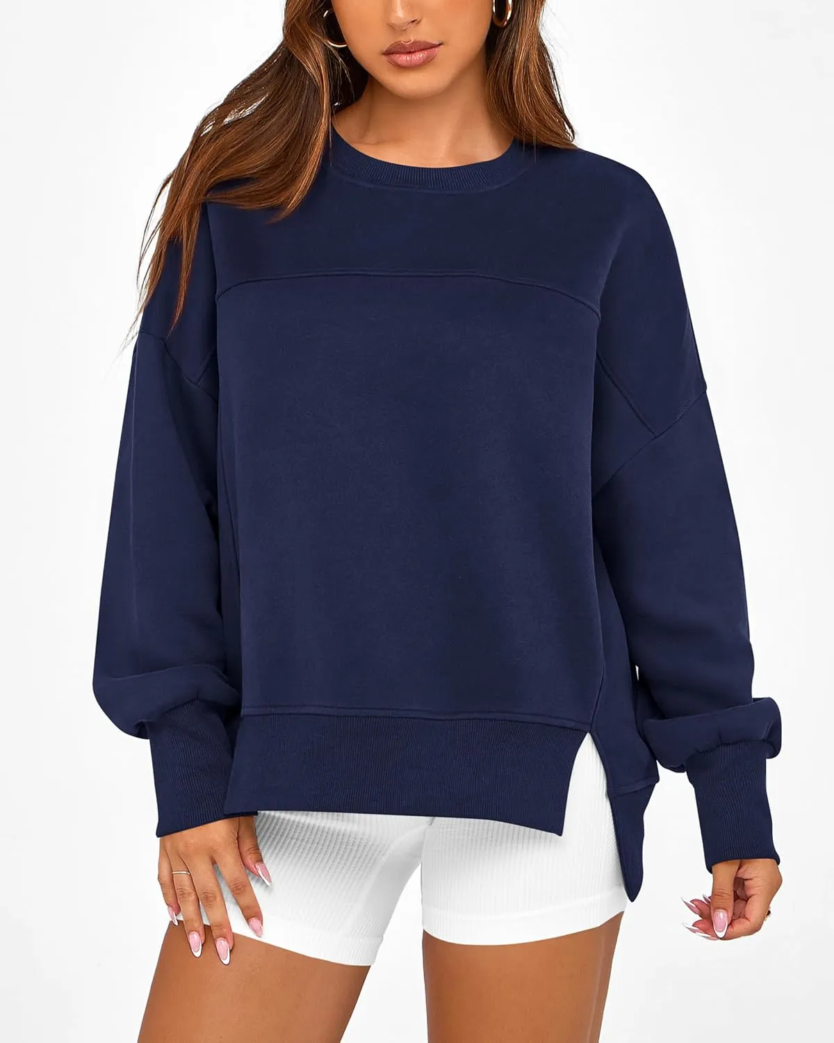 BTFBM Women's Casual Crewneck Sweatshirts 2025 Spring Fall Clothes Long Sleeve Side Slit Workout Fleece Pullover Tops
