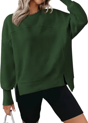 BTFBM Women's Casual Crewneck Sweatshirts 2025 Spring Fall Clothes Long Sleeve Side Slit Workout Fleece Pullover Tops