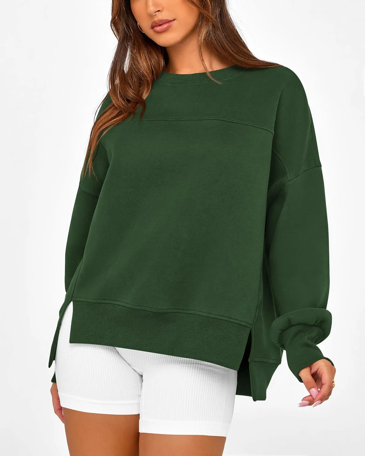 BTFBM Women's Casual Crewneck Sweatshirts 2025 Spring Fall Clothes Long Sleeve Side Slit Workout Fleece Pullover Tops