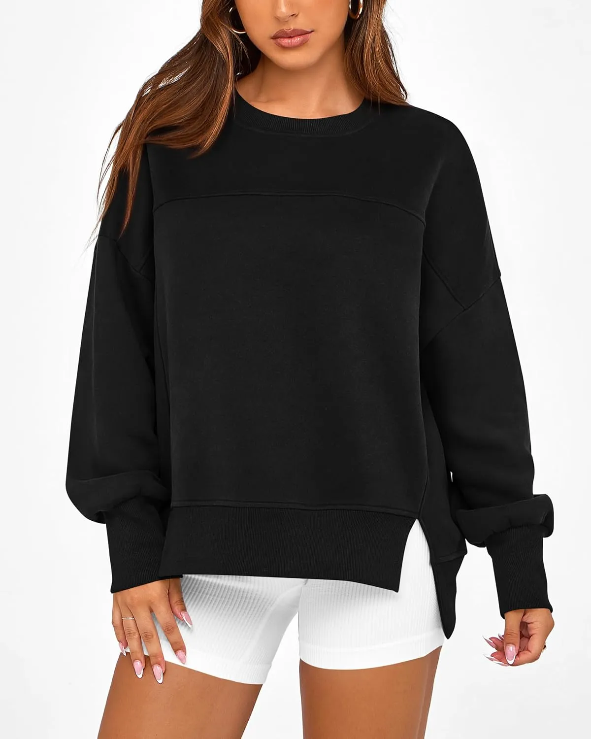 BTFBM Women's Casual Crewneck Sweatshirts 2025 Spring Fall Clothes Long Sleeve Side Slit Workout Fleece Pullover Tops