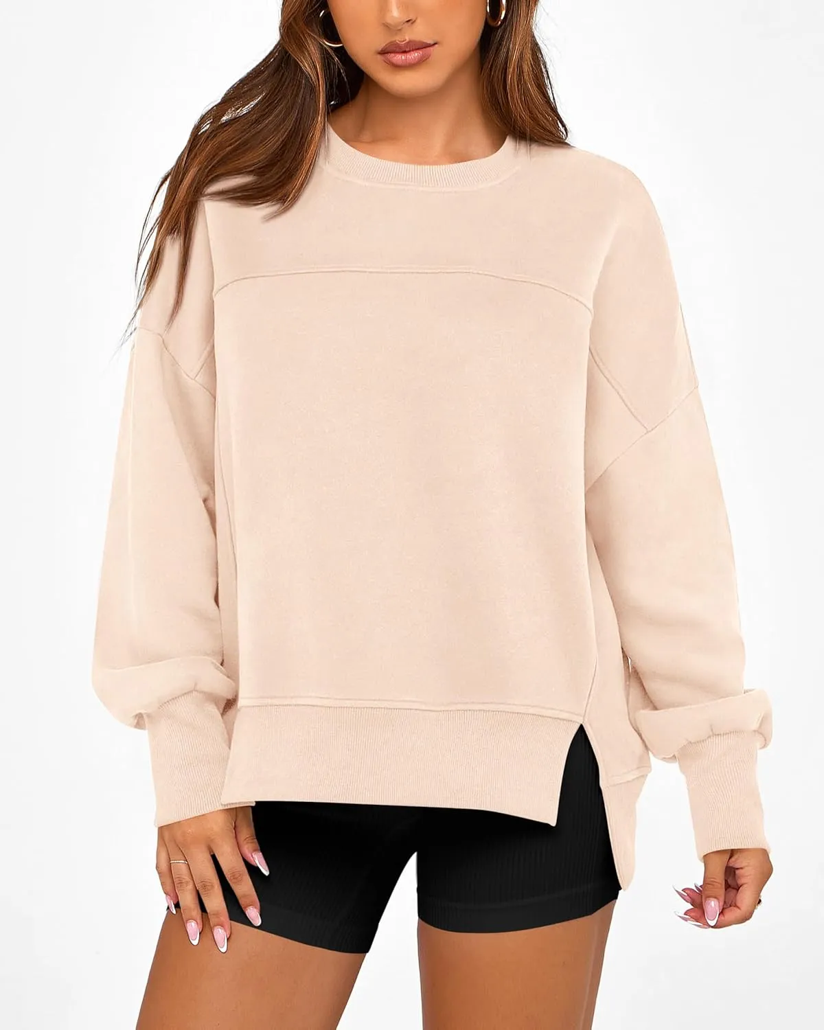 BTFBM Women's Casual Crewneck Sweatshirts 2025 Spring Fall Clothes Long Sleeve Side Slit Workout Fleece Pullover Tops