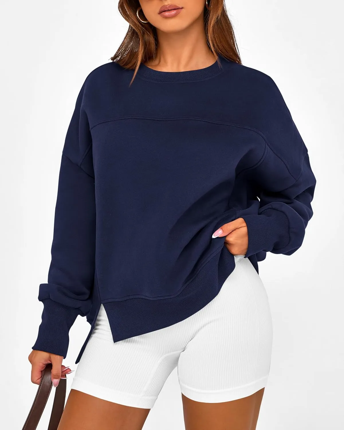 BTFBM Women's Casual Crewneck Sweatshirts 2025 Spring Fall Clothes Long Sleeve Side Slit Workout Fleece Pullover Tops