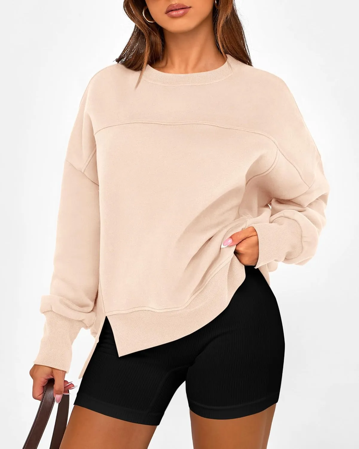 BTFBM Women's Casual Crewneck Sweatshirts 2025 Spring Fall Clothes Long Sleeve Side Slit Workout Fleece Pullover Tops