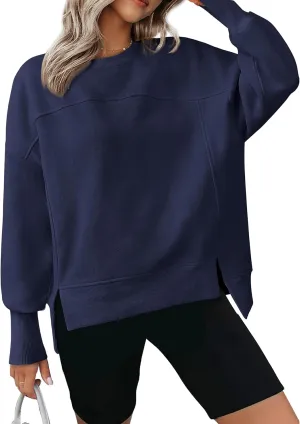 BTFBM Women's Casual Crewneck Sweatshirts 2025 Spring Fall Clothes Long Sleeve Side Slit Workout Fleece Pullover Tops