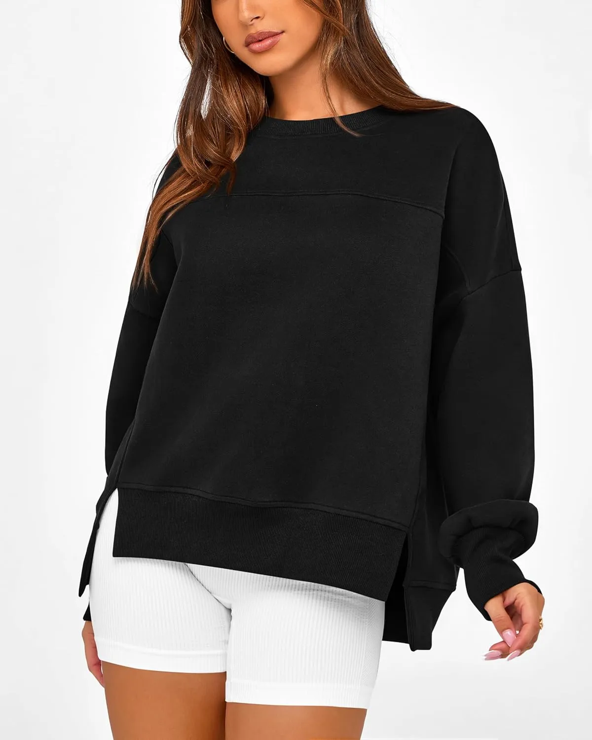BTFBM Women's Casual Crewneck Sweatshirts 2025 Spring Fall Clothes Long Sleeve Side Slit Workout Fleece Pullover Tops