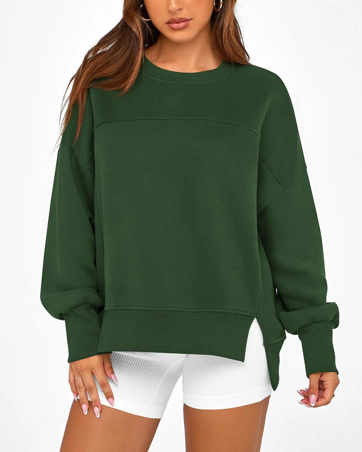 BTFBM Women's Casual Crewneck Sweatshirts 2025 Spring Fall Clothes Long Sleeve Side Slit Workout Fleece Pullover Tops
