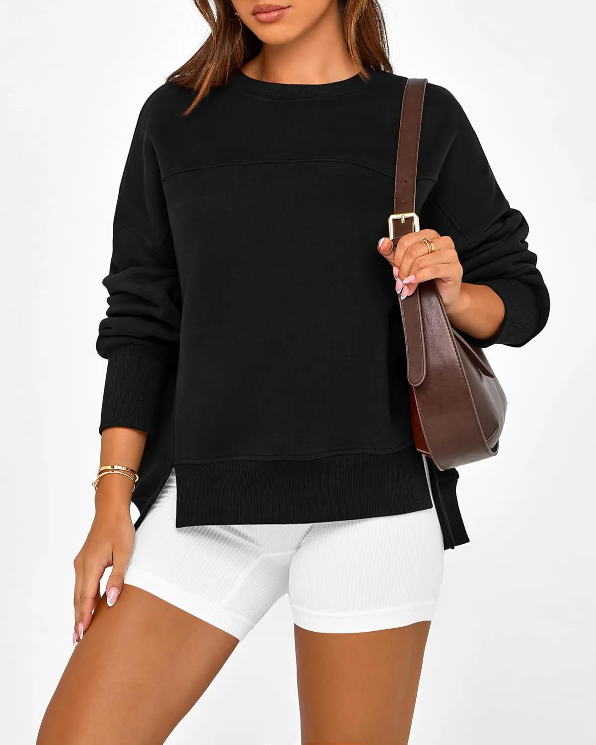 BTFBM Women's Casual Crewneck Sweatshirts 2025 Spring Fall Clothes Long Sleeve Side Slit Workout Fleece Pullover Tops