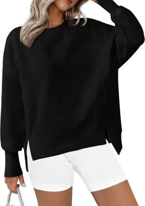 BTFBM Women's Casual Crewneck Sweatshirts 2025 Spring Fall Clothes Long Sleeve Side Slit Workout Fleece Pullover Tops
