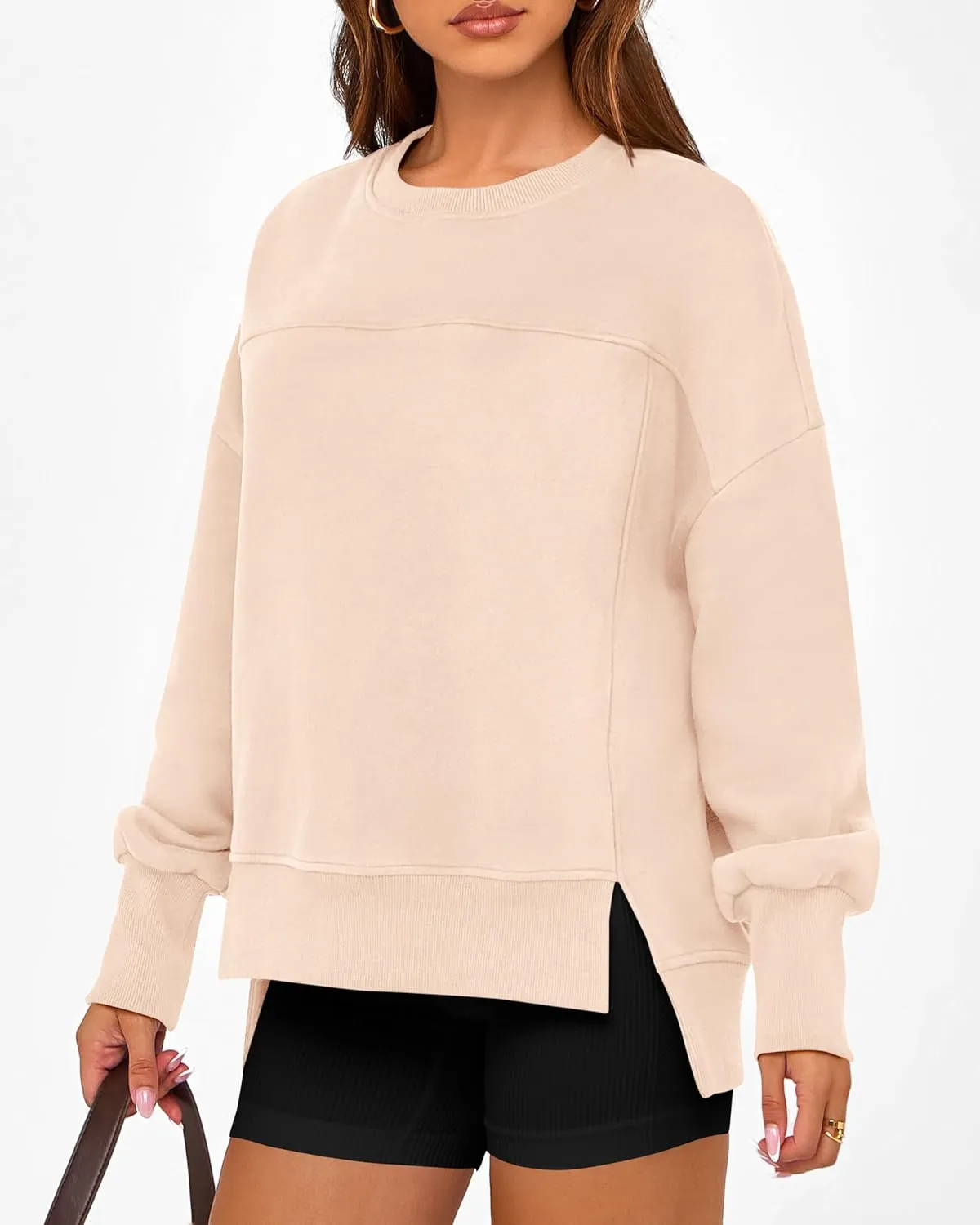 BTFBM Women's Casual Crewneck Sweatshirts 2025 Spring Fall Clothes Long Sleeve Side Slit Workout Fleece Pullover Tops
