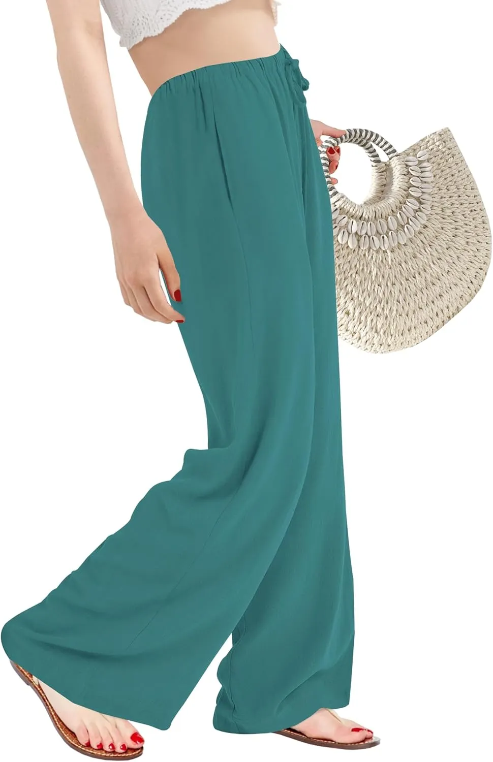 Buauty Wide Leg Linen Pants Women Plus Size Palazzo Pants High Waisted Lounge Pants Casual Comfy Flowy Beach Summer Trousers