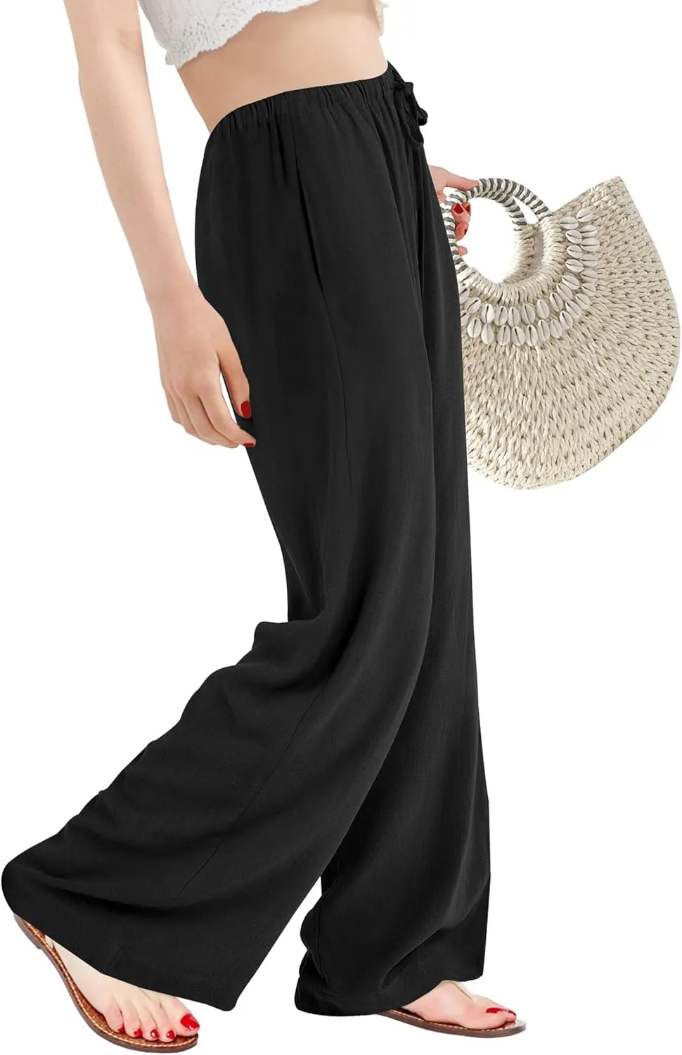 Buauty Wide Leg Linen Pants Women Plus Size Palazzo Pants High Waisted Lounge Pants Casual Comfy Flowy Beach Summer Trousers