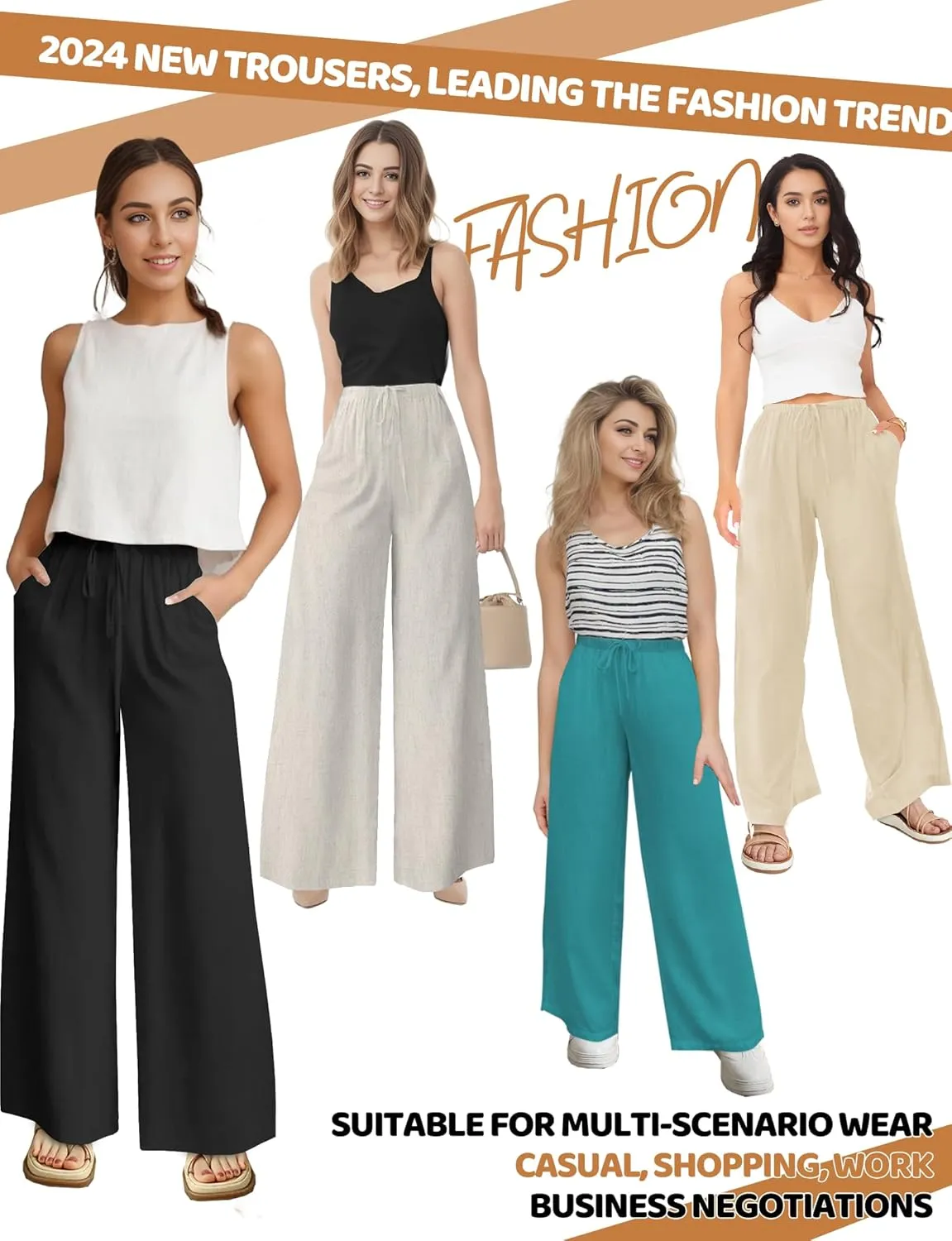 Buauty Wide Leg Linen Pants Women Plus Size Palazzo Pants High Waisted Lounge Pants Casual Comfy Flowy Beach Summer Trousers