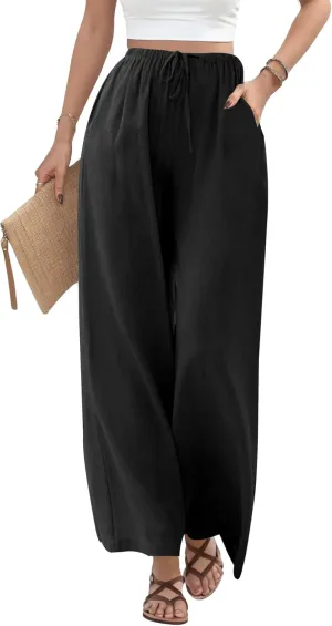 Buauty Wide Leg Linen Pants Women Plus Size Palazzo Pants High Waisted Lounge Pants Casual Comfy Flowy Beach Summer Trousers