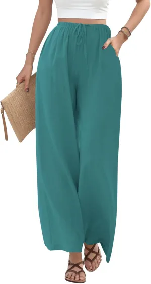Buauty Wide Leg Linen Pants Women Plus Size Palazzo Pants High Waisted Lounge Pants Casual Comfy Flowy Beach Summer Trousers