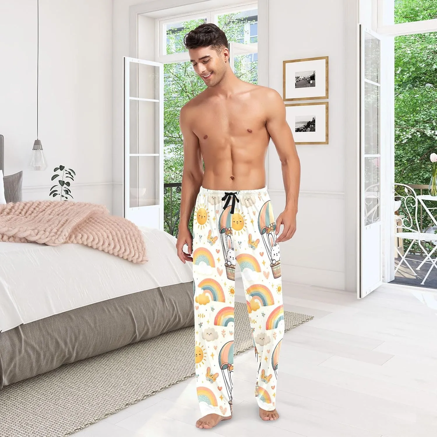 Bunnies in Hot Air Balloons Men's Pajama Pants Lightweight Sleepwear Bottom Lounge Pants