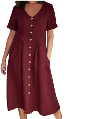 Button Down Dress for Women Linen Maxi Dress with Pockets Short Sleeves Boho Flowy Midi Dresses Womens Summer Outfits
