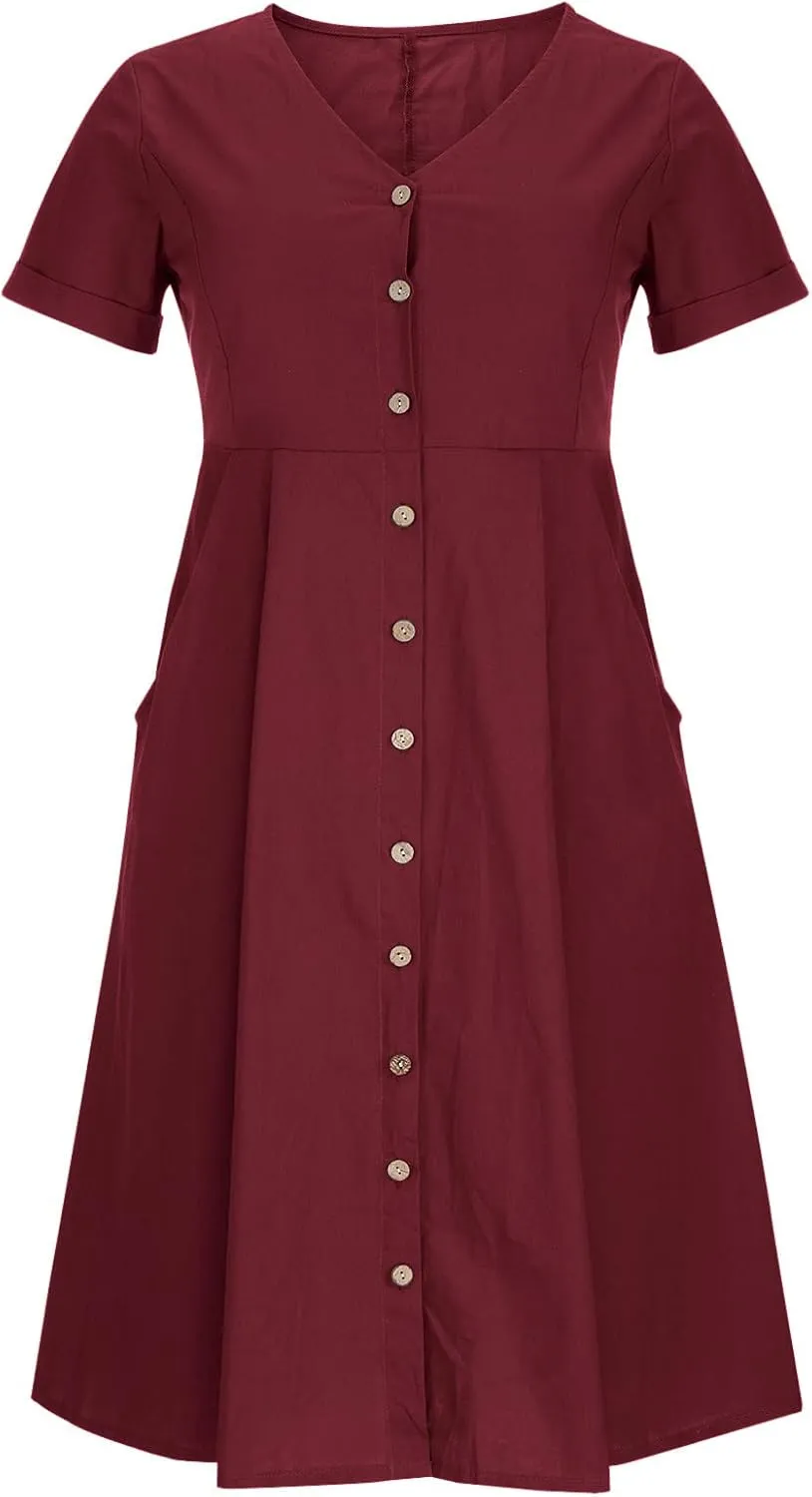 Button Down Dress for Women Linen Maxi Dress with Pockets Short Sleeves Boho Flowy Midi Dresses Womens Summer Outfits