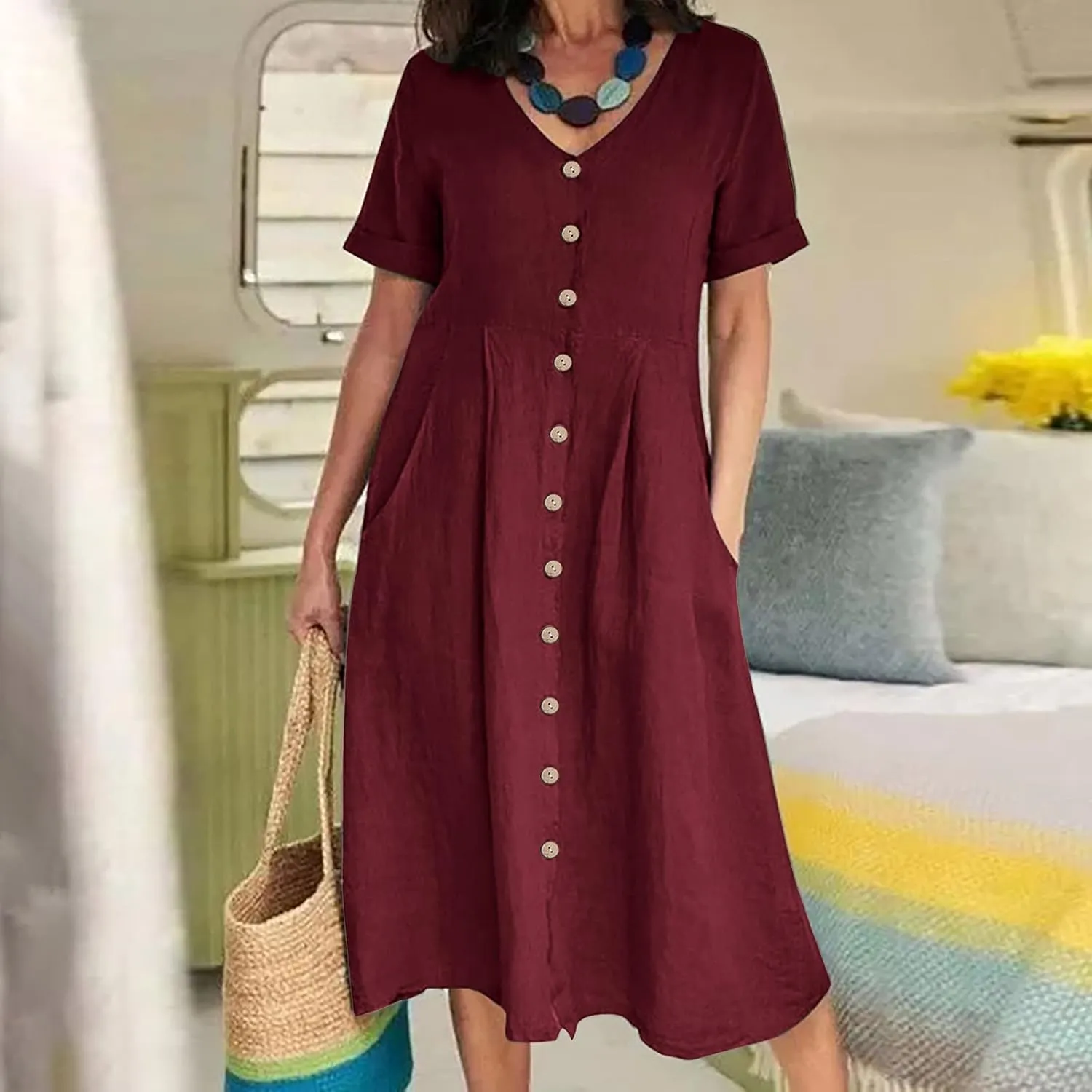 Button Down Dress for Women Linen Maxi Dress with Pockets Short Sleeves Boho Flowy Midi Dresses Womens Summer Outfits