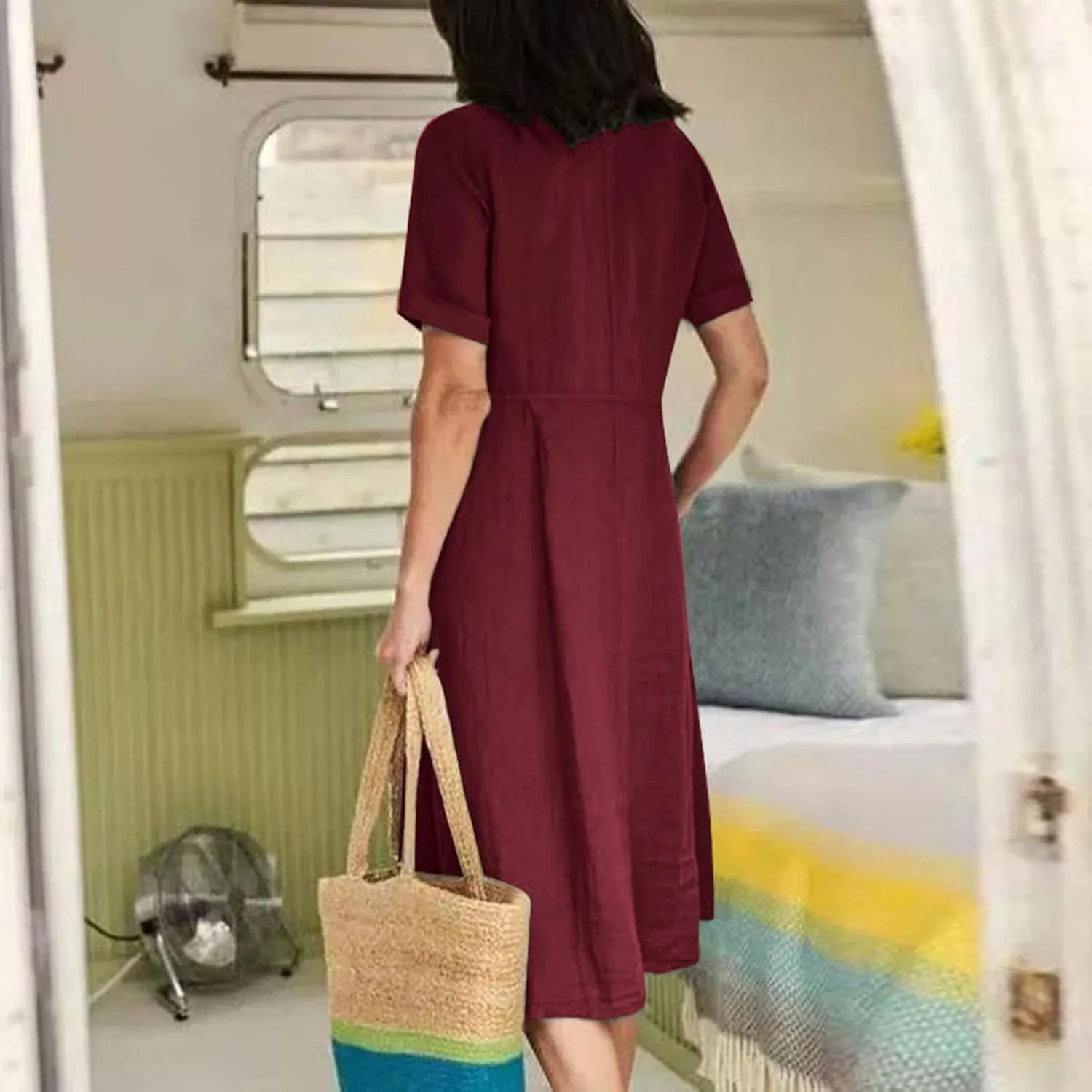 Button Down Dress for Women Linen Maxi Dress with Pockets Short Sleeves Boho Flowy Midi Dresses Womens Summer Outfits
