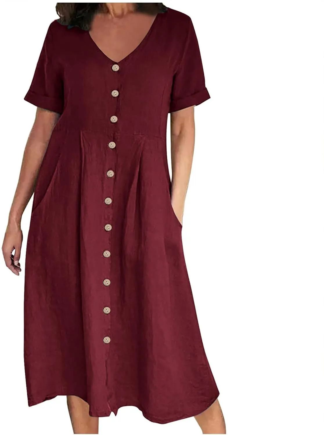Button Down Dress for Women Linen Maxi Dress with Pockets Short Sleeves Boho Flowy Midi Dresses Womens Summer Outfits