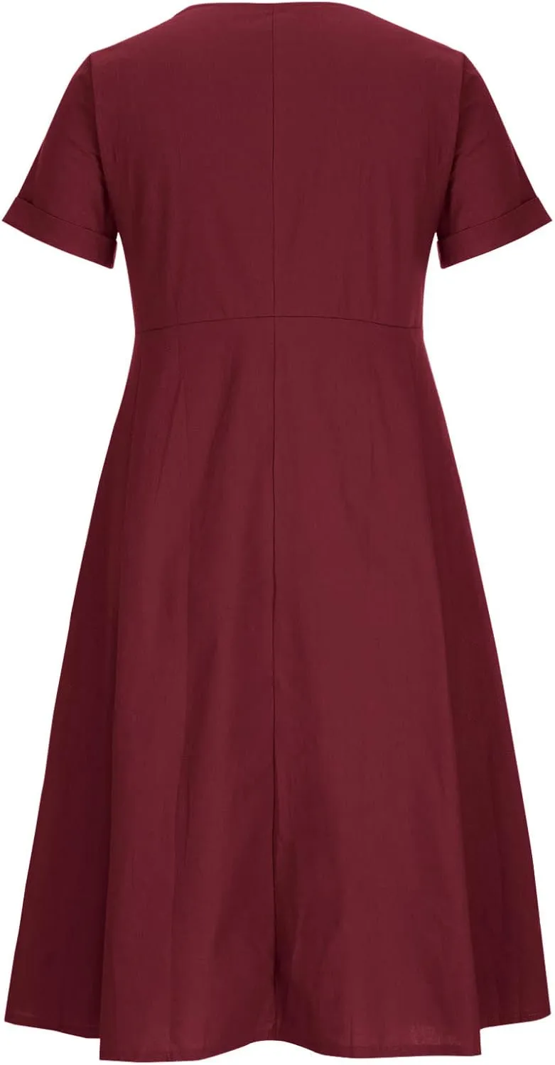 Button Down Dress for Women Linen Maxi Dress with Pockets Short Sleeves Boho Flowy Midi Dresses Womens Summer Outfits