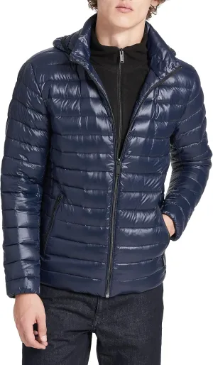 Calvin Klein Men's Lightweight Packable Down Jacket With Fleece Bib and Removable Hood