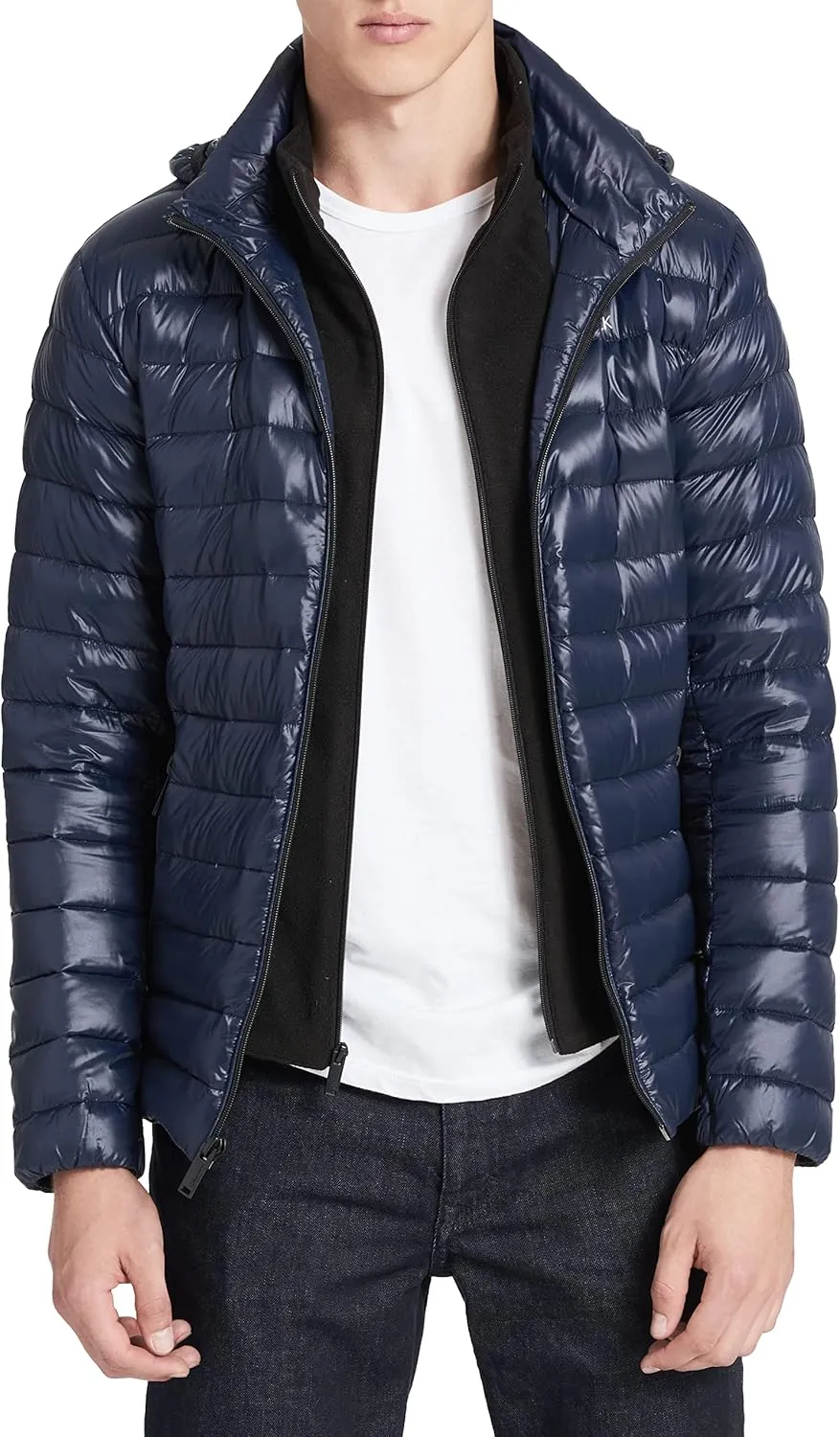 Calvin Klein Men's Lightweight Packable Down Jacket With Fleece Bib and Removable Hood