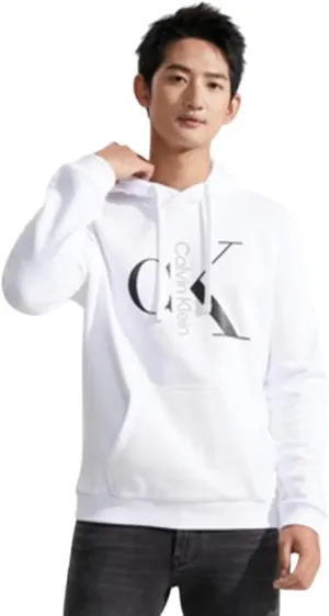Calvin Klein Men's Mixed logo Monogram Pullover Hoodie - 40QC403 (Brilliant White, Medium)