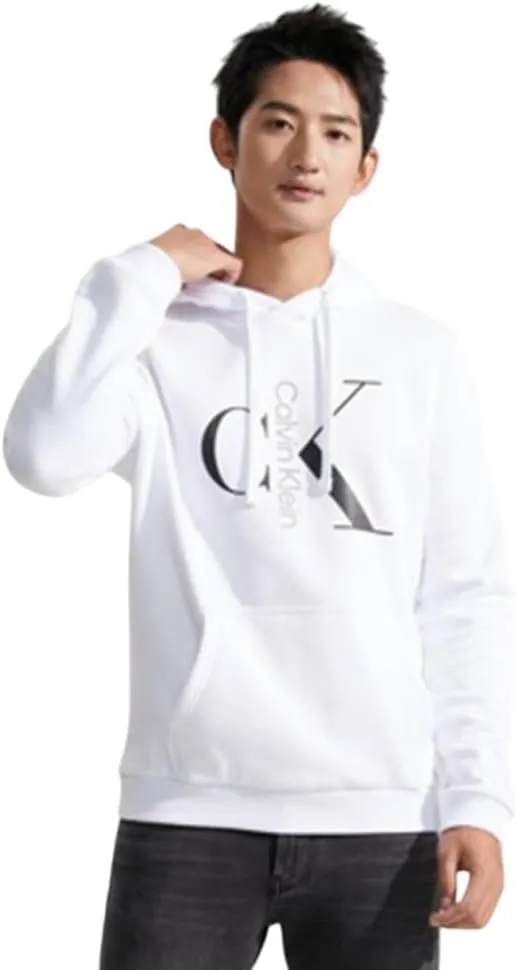 Calvin Klein Men's Mixed logo Monogram Pullover Hoodie - 40QC403 (Brilliant White, Medium)