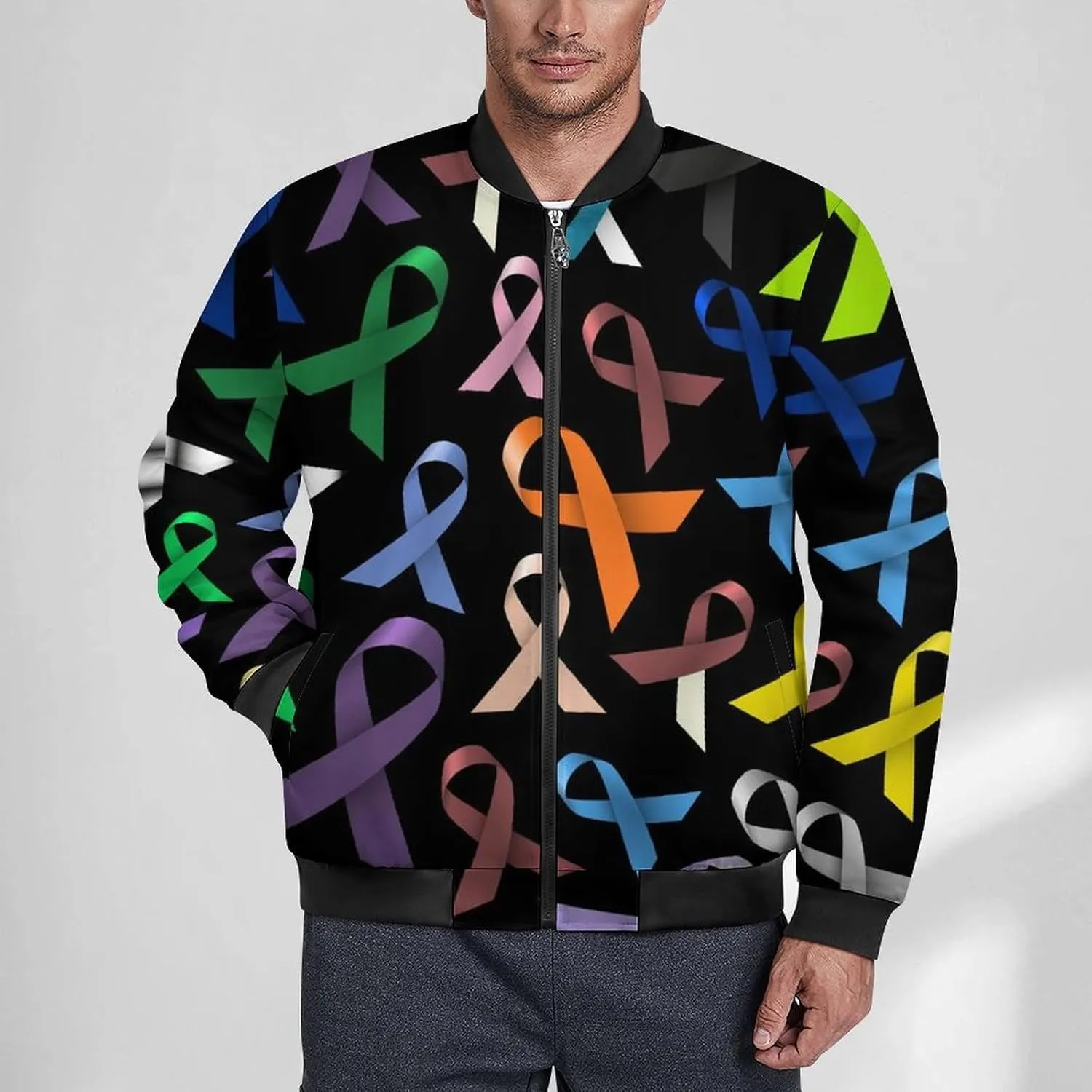 Cancer Awareness Color Ribbons Men's Bomber Jacket Lightweight Windbreaker Fashion Spring Fall Coats Casual Jackets for Men