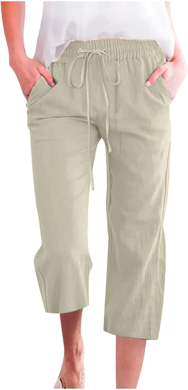 Capri Pants for Women 2025 Swmmer Elastic Waist Linen Pants Drawstring Straight Leg Capris Comfy Lounge Pants Trousers
