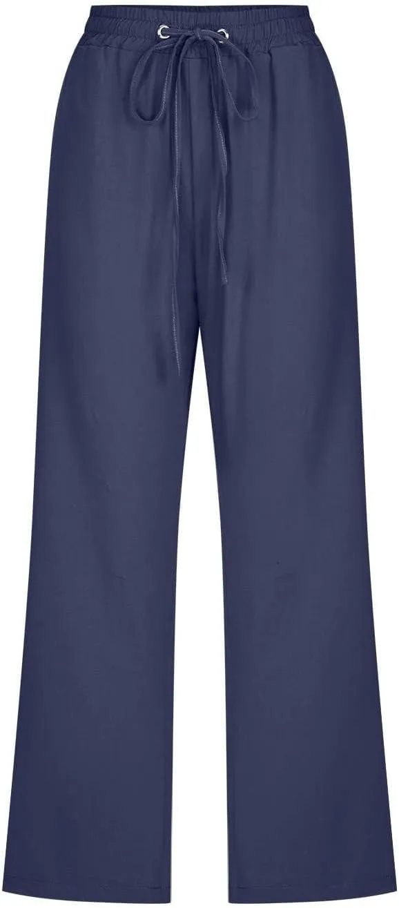 Capri Pants for Women 2025 Swmmer Elastic Waist Linen Pants Drawstring Straight Leg Capris Comfy Lounge Pants Trousers