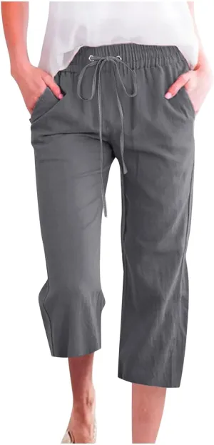 Capri Pants for Women 2025 Swmmer Elastic Waist Linen Pants Drawstring Straight Leg Capris Comfy Lounge Pants Trousers