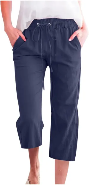Capri Pants for Women 2025 Swmmer Elastic Waist Linen Pants Drawstring Straight Leg Capris Comfy Lounge Pants Trousers