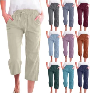 Capri Pants for Women 2025 Swmmer Elastic Waist Linen Pants Drawstring Straight Leg Capris Comfy Lounge Pants Trousers