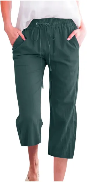 Capri Pants for Women 2025 Swmmer Elastic Waist Linen Pants Drawstring Straight Leg Capris Comfy Lounge Pants Trousers