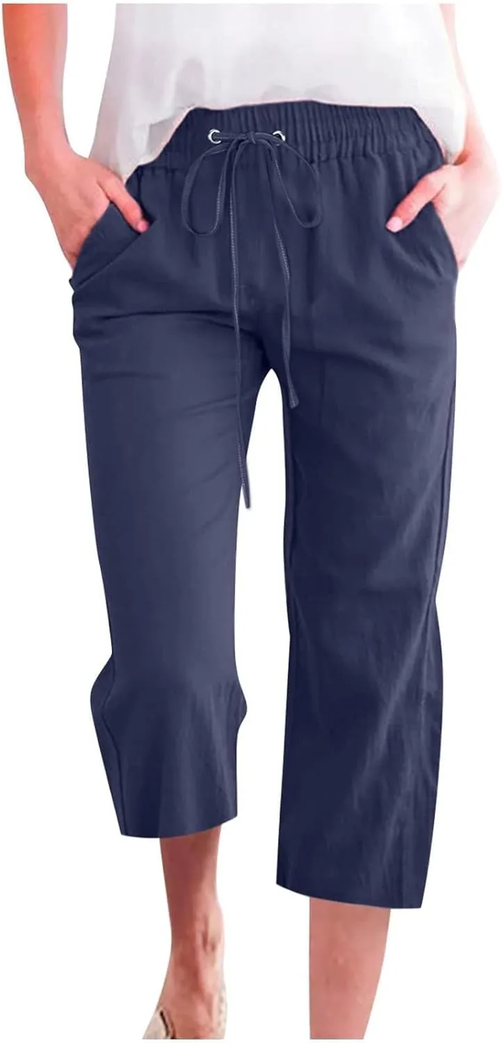 Capri Pants for Women 2025 Swmmer Elastic Waist Linen Pants Drawstring Straight Leg Capris Comfy Lounge Pants Trousers