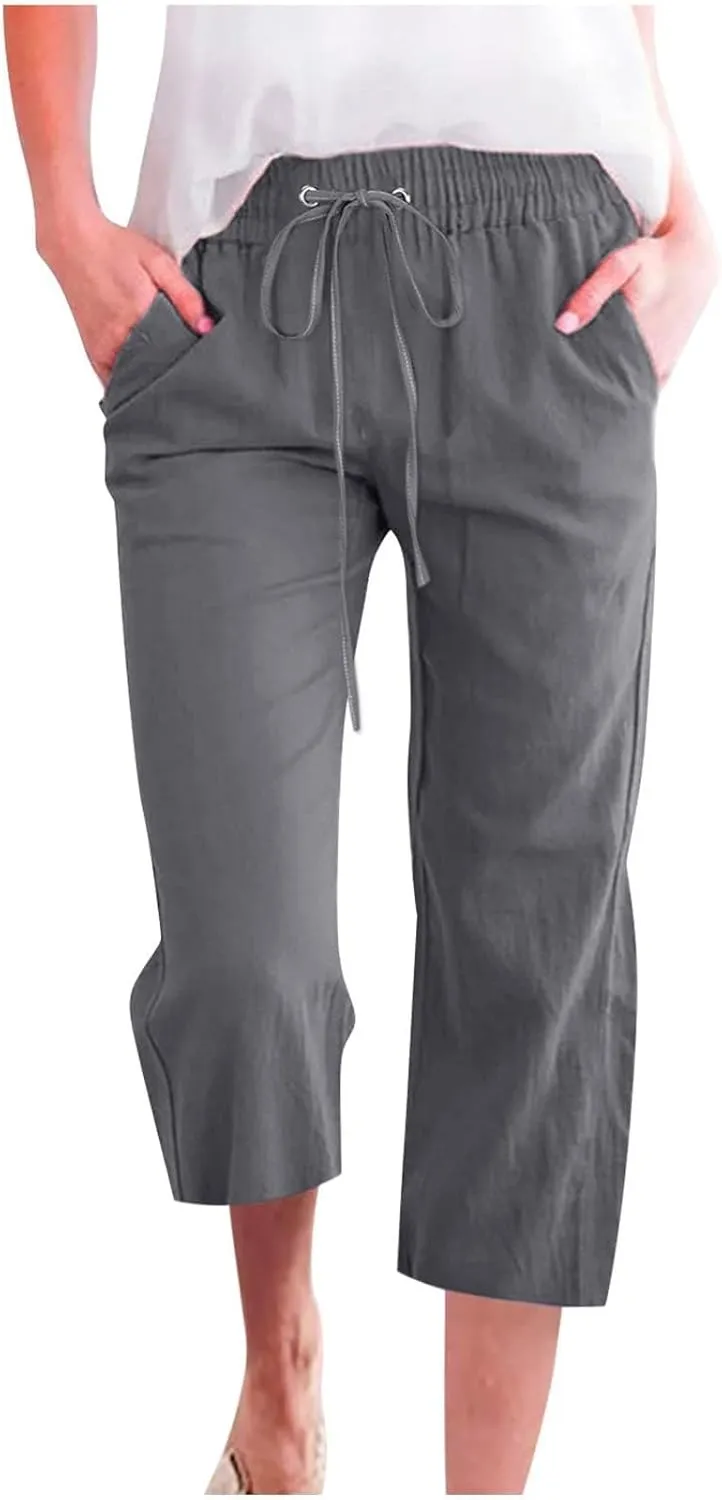 Capri Pants for Women 2025 Swmmer Elastic Waist Linen Pants Drawstring Straight Leg Capris Comfy Lounge Pants Trousers