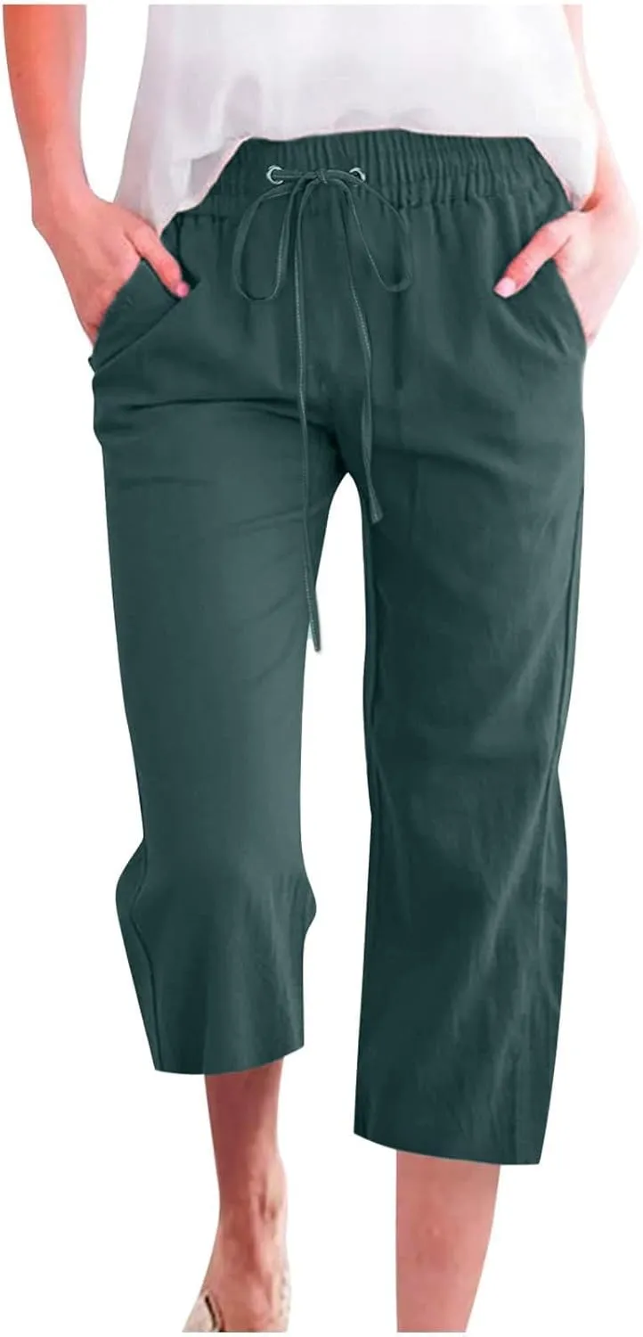 Capri Pants for Women 2025 Swmmer Elastic Waist Linen Pants Drawstring Straight Leg Capris Comfy Lounge Pants Trousers