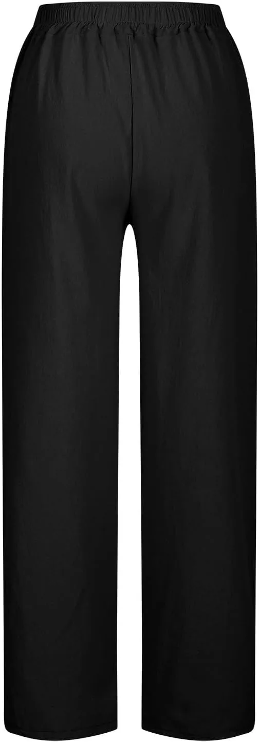 Capris Pants for Women Casual Cotton Linen Elastic Loose Pants Drawstring Straight Wide Leg Trousers with Pocket White 2X