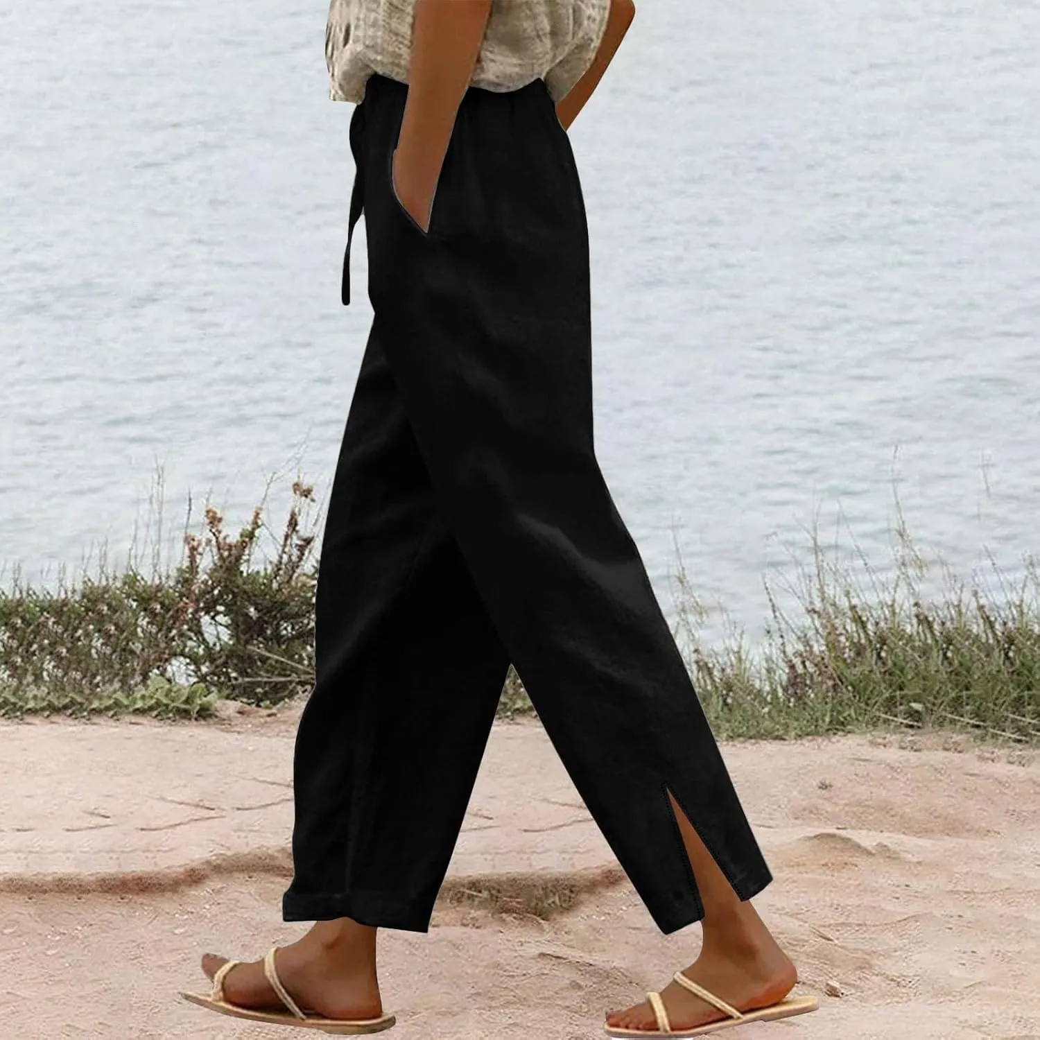 Capris Pants for Women Casual Cotton Linen Elastic Loose Pants Drawstring Straight Wide Leg Trousers with Pocket White 2X