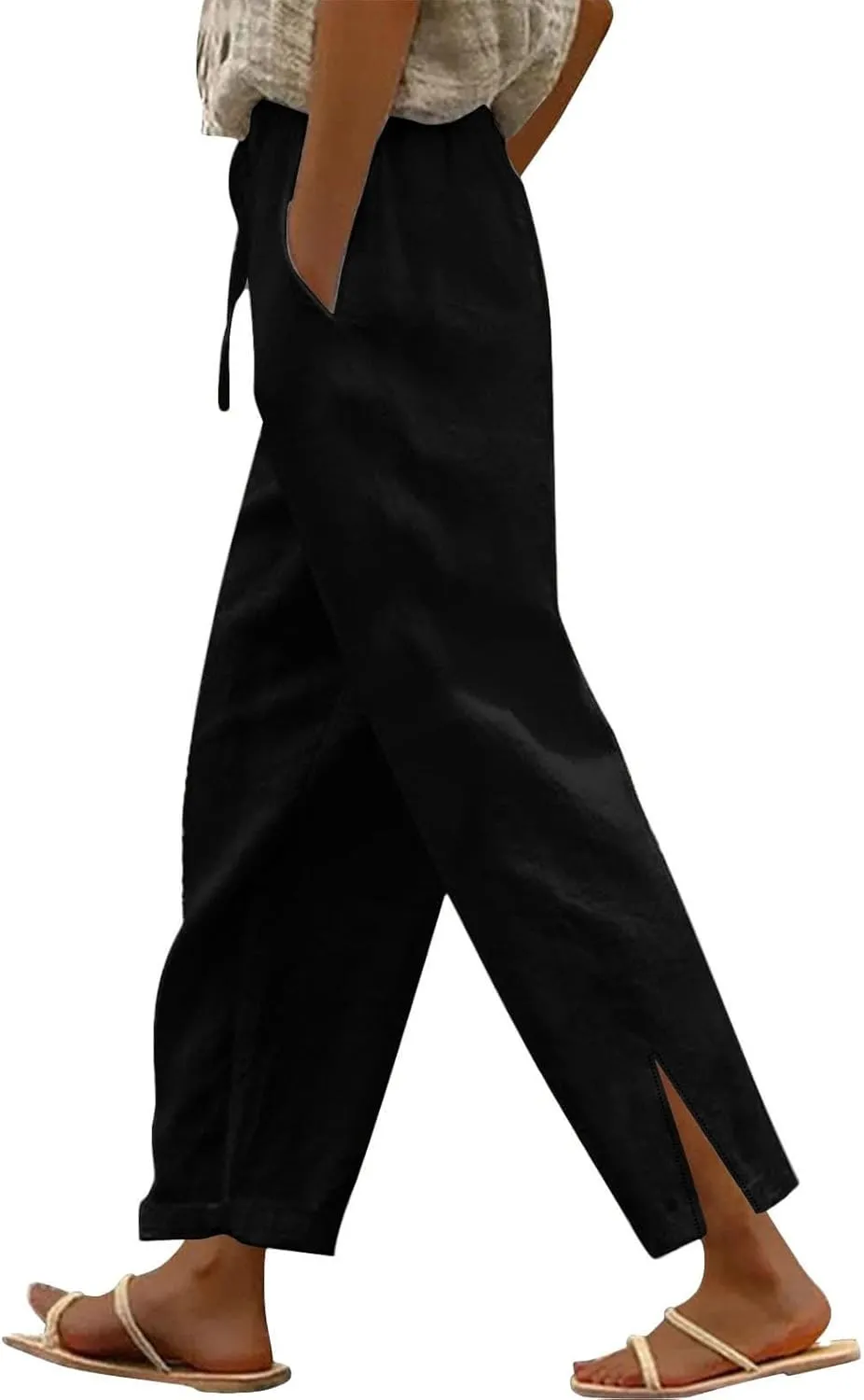 Capris Pants for Women Casual Cotton Linen Elastic Loose Pants Drawstring Straight Wide Leg Trousers with Pocket White 2X