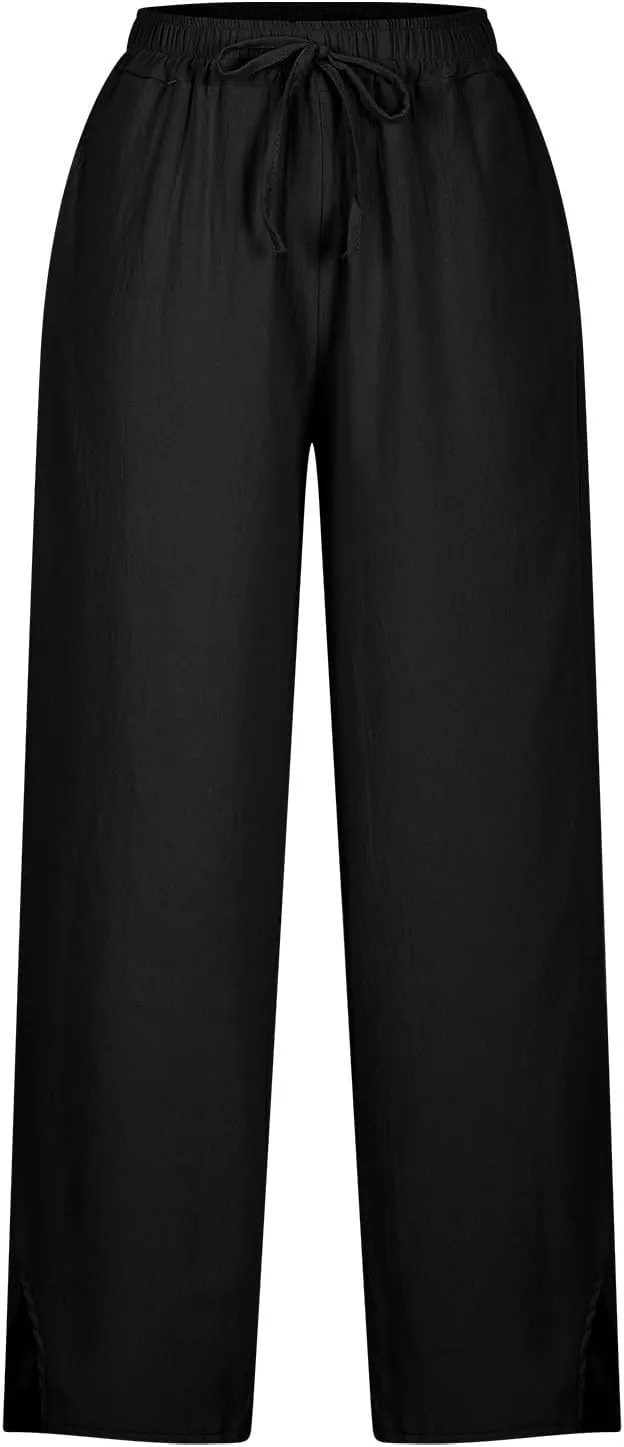 Capris Pants for Women Casual Cotton Linen Elastic Loose Pants Drawstring Straight Wide Leg Trousers with Pocket White 2X