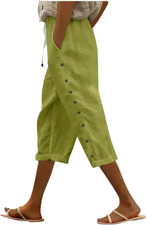 Capris Pants for Women Cotton Linen Casual Summer 2025 Straight Wide Leg Loose Drawstring Elastic Waist Cropped Trouser