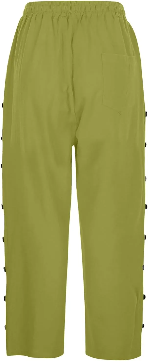 Capris Pants for Women Cotton Linen Casual Summer 2025 Straight Wide Leg Loose Drawstring Elastic Waist Cropped Trouser