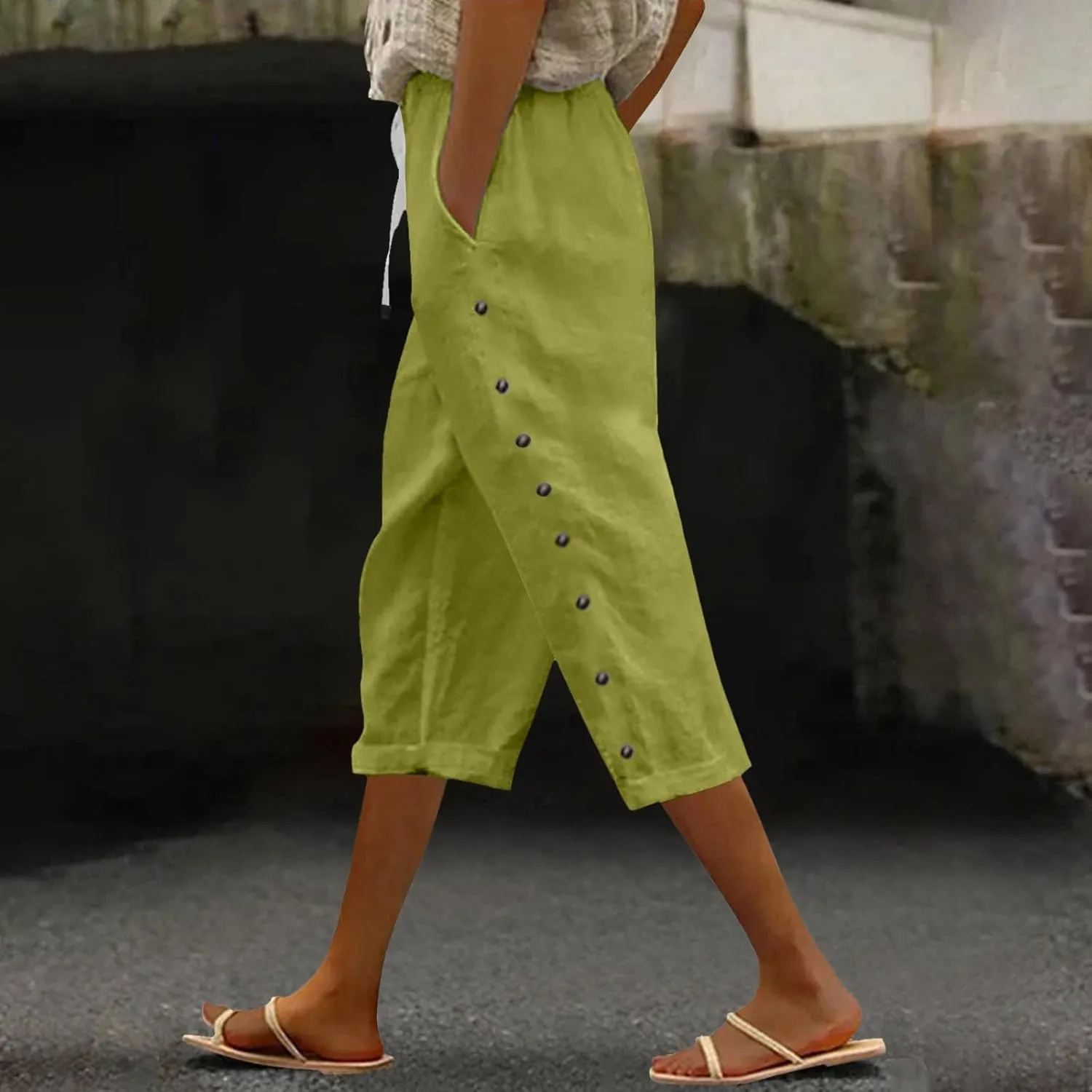 Capris Pants for Women Cotton Linen Casual Summer 2025 Straight Wide Leg Loose Drawstring Elastic Waist Cropped Trouser