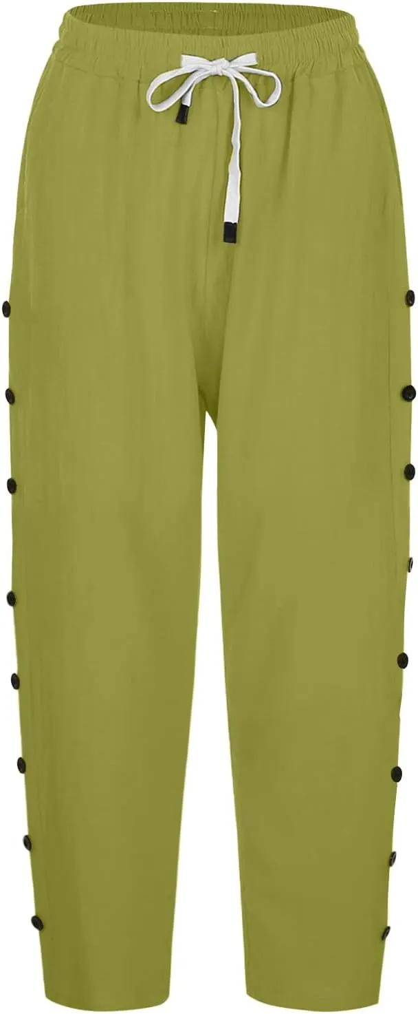 Capris Pants for Women Cotton Linen Casual Summer 2025 Straight Wide Leg Loose Drawstring Elastic Waist Cropped Trouser